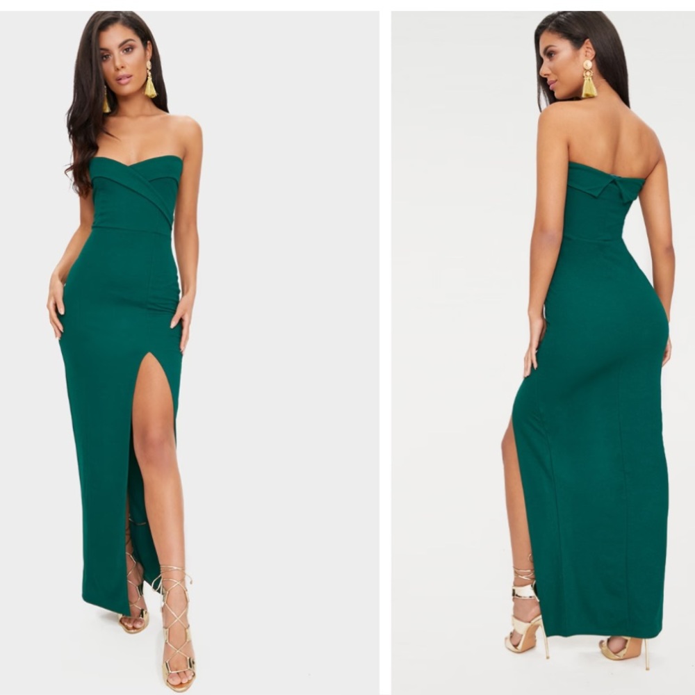 Maxi Green Bandeau Dress with Slit
